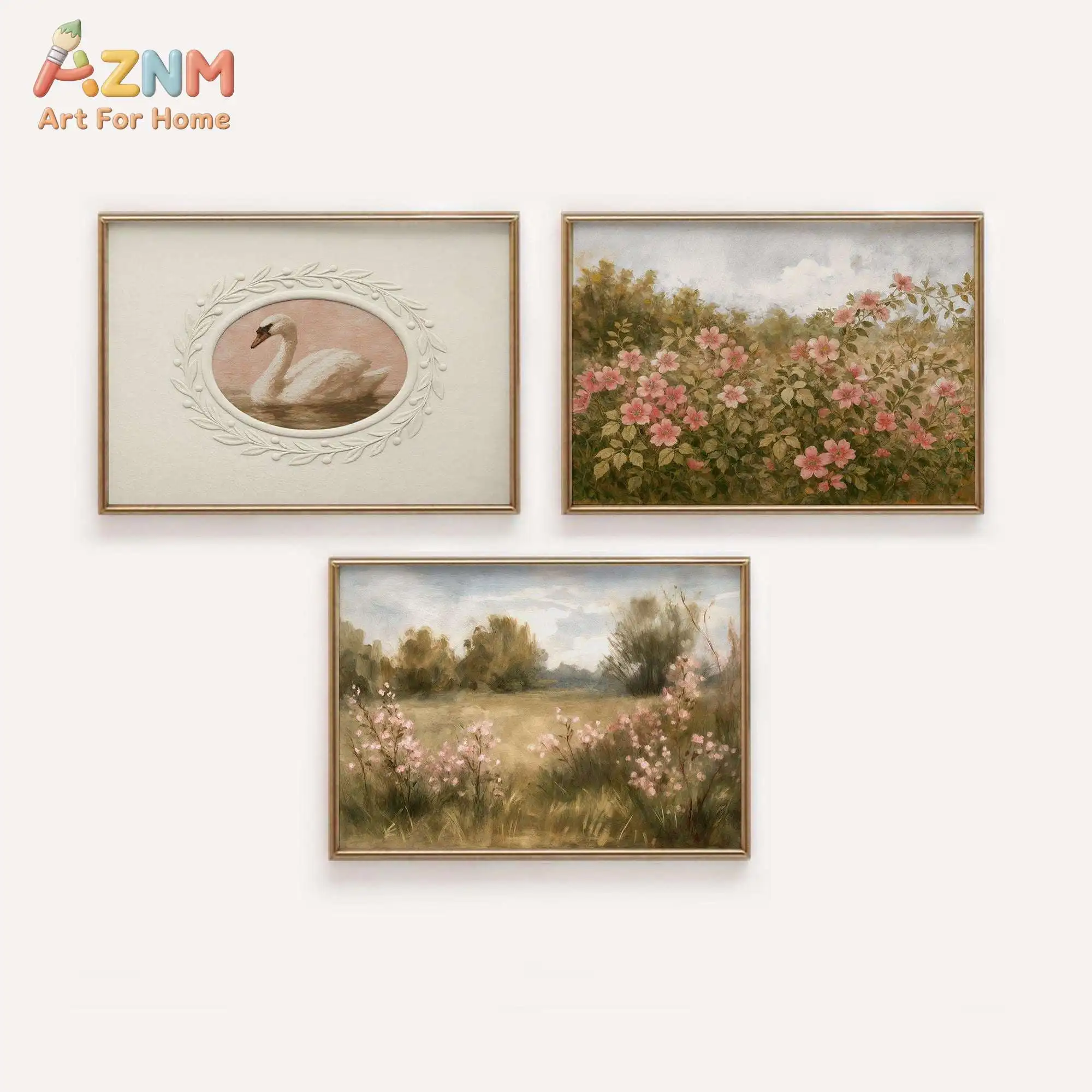 AZNM Vintage Pink Floral Swan Ballet Dancer Canvas Wall Art Countryside Landscape Sketch Print Nursery Decor Unframed