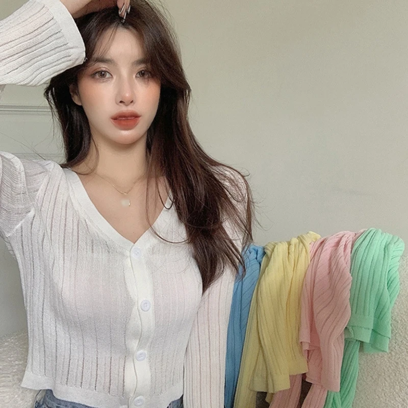 Women Summer Long Sleeve Ribbed Knit Crop Top Cardigan Sexy V-Neck Button Down Solid Candy Color Slim Fit Short Sweater Jacket