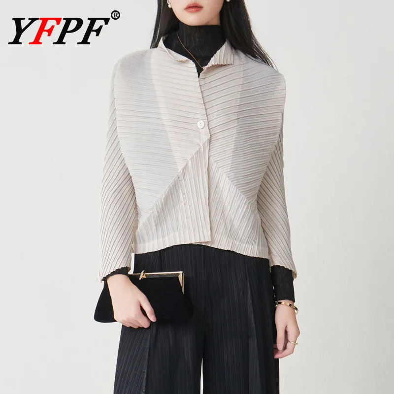 

YFPF Solid Color Miyake Pleated Design Blouse For Women Fashion Lapel Long Sleeve Button Shirt Casual 2025 New Clothing