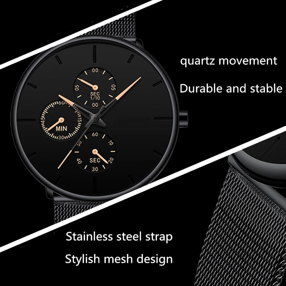 Fashion Mens Business Black Watches Luxury Stainless Steel Ultra Thin Mesh Belt orologio da polso da uomo al quarzo Casual Classic orologio da uomo