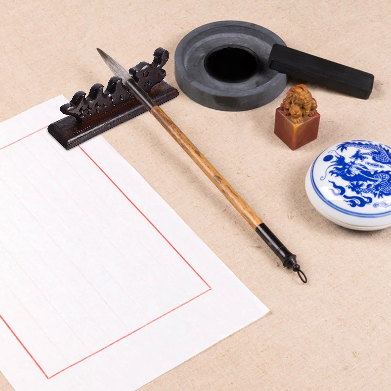 

3Pcs Wooden Calligraphy Brush Holder Vintage Dragon Pattern Pen Rest Stand for Painting Writing Brush Desk Organizer