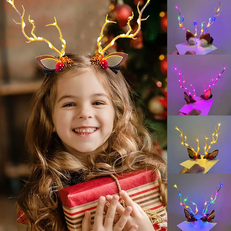 

Cristmas LED Light Antler Hair Clip Women Girl Glowing Antler Elk Ear Horn Headwear Hair Accessories Christmas New Year Decor 7z