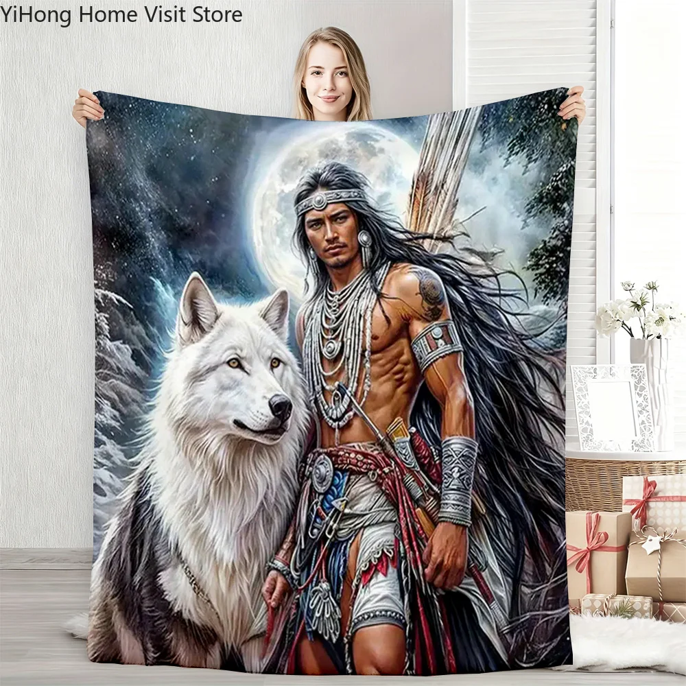 Man Portrait Wolf Animal picture fleece blanket, suitable for sofas, beds, birthdays, children, boys, friends, gifts