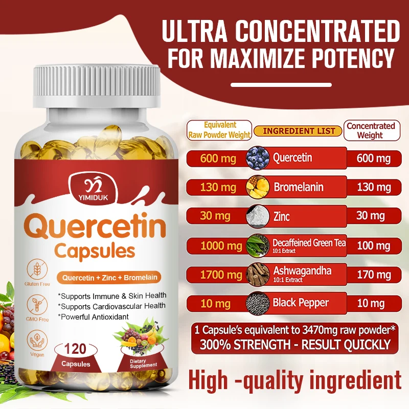 Quercetin Capsules Vitamin C Zinc & Elderberry Bromelain Capsules Antioxidant - Supports Cardiovascular & Immune Health