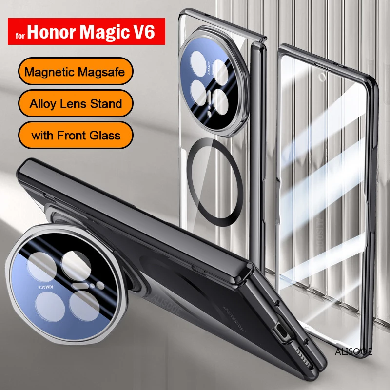 

Plating Hinge Funda for Honor Magic V6 Case Transparent Camera Stand Magnetic Magsafe Protection Cover Front Screen Film