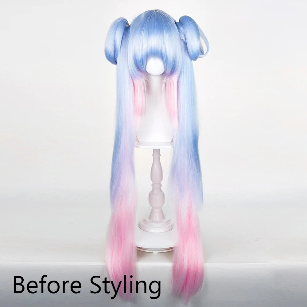 Blue Ombre Pink Long Straight Synthetic Fluffy Wigs with Bangs Anime Game Cosplay Wig with Double Ponytail Clip Wig view 3