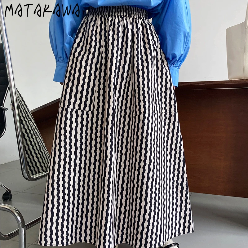 

Matakawa Stripes Women Skirts Contrast Color Vintage Spring Autumn Elegant Faldas Mujer Korean Fashion Office Lady Long Skirt