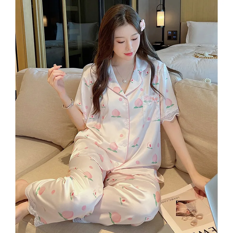 Print Peach Pajamas Sets Women Soft Casual Faux Silk Satin Pijama Sets Sleepwear Short Sleeve Pants Female Pyjamas Home Clothing