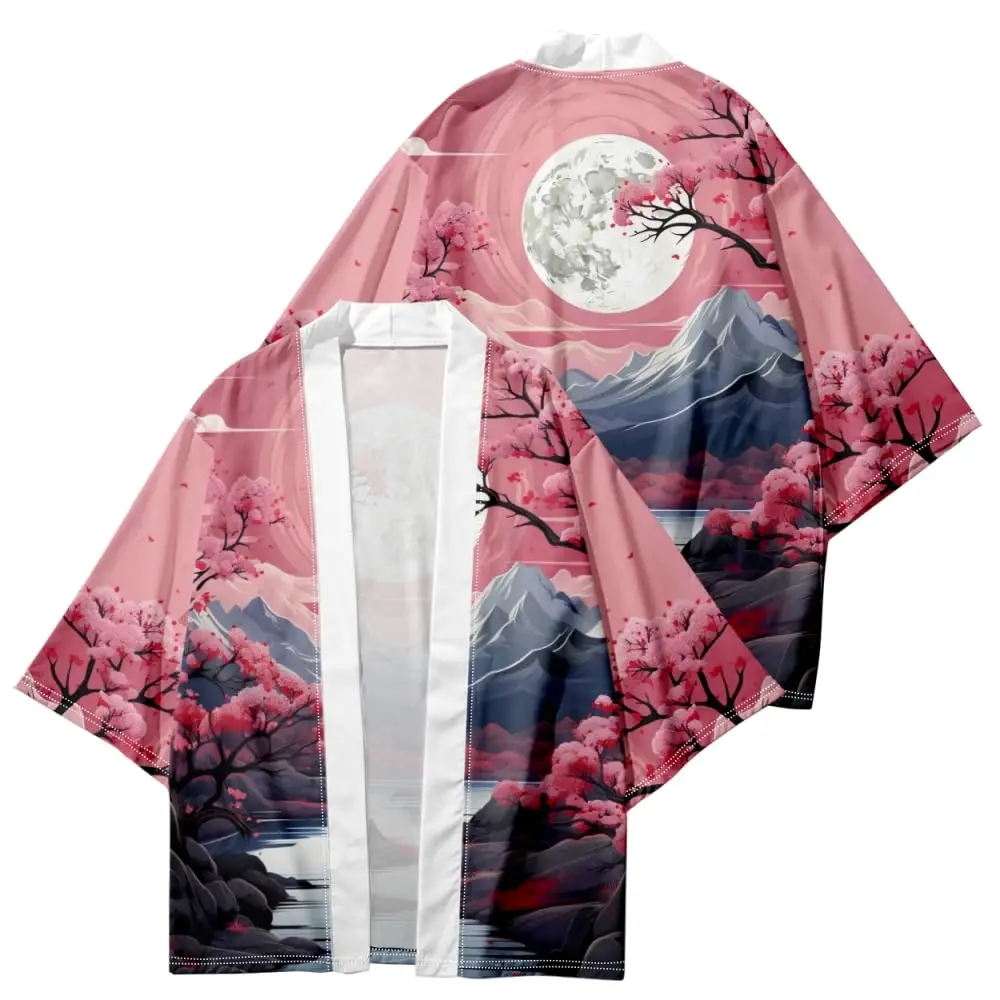 Japanese Kimono Men's Fashion Elegant Sunmoon Tonghui Print Traditional Short-sleeved Beach Shirt Women's Cardigan Casual Kimono