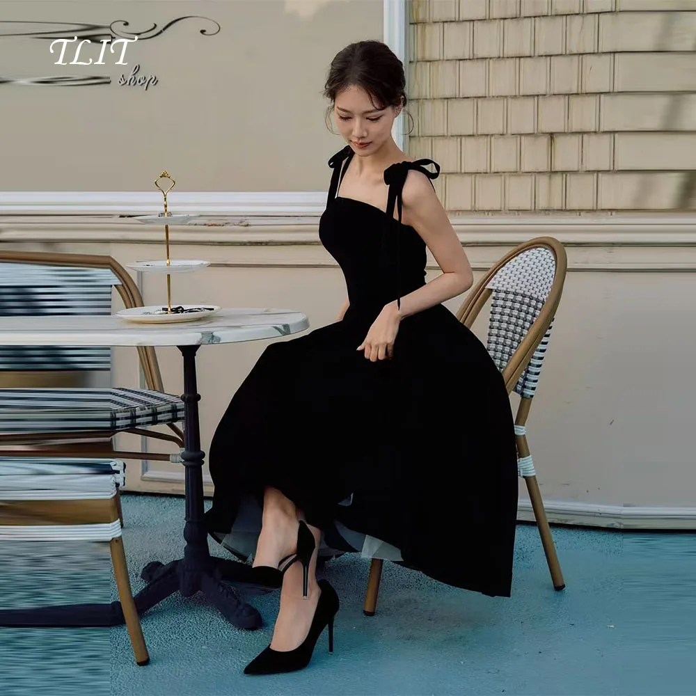 

TLIT Simple Black Silk Satin Evening Dresses Spaghetti Strap Bow Tie Square Collar Party Dress Customized A-Line Tulle ShawlGown