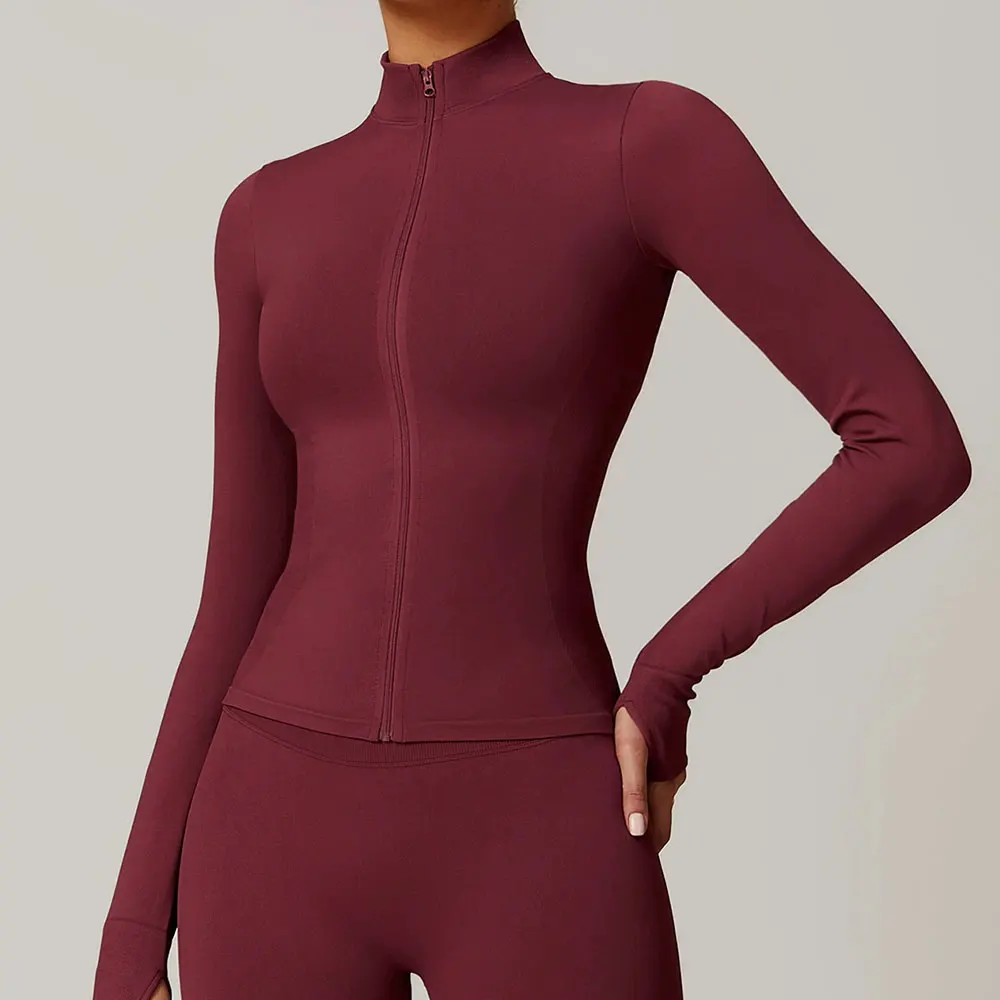

Seamless Sports Long Sleeved Women Quick Dry Zipper Yoga Clothes Cardigan Standing Collar Jacket Running Yoga Fitness Jacket Top