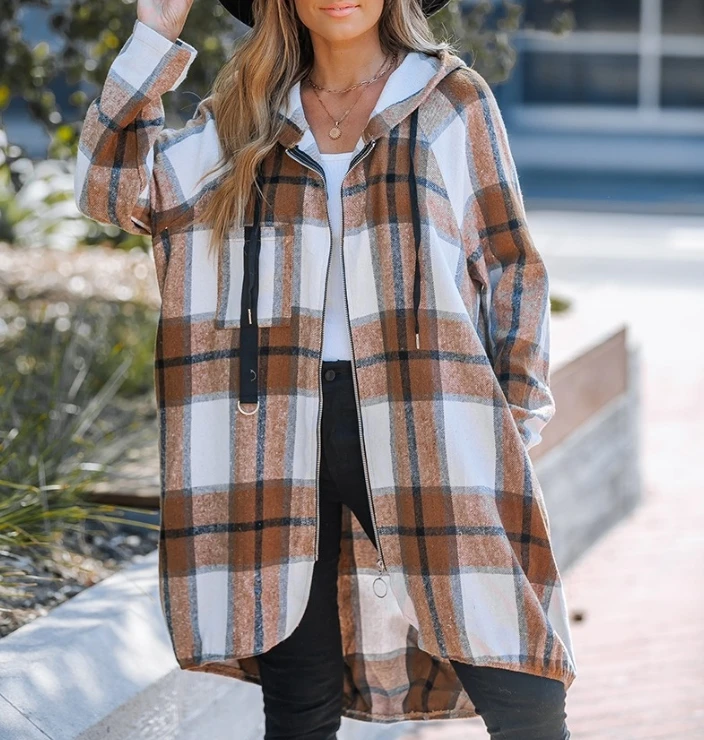 Women's 2025 Autumn Winter Latest Plaid Pattern Shacket Jacket Zip Up Oversized Longline Shirt Casual Hooded Coats with Pockets