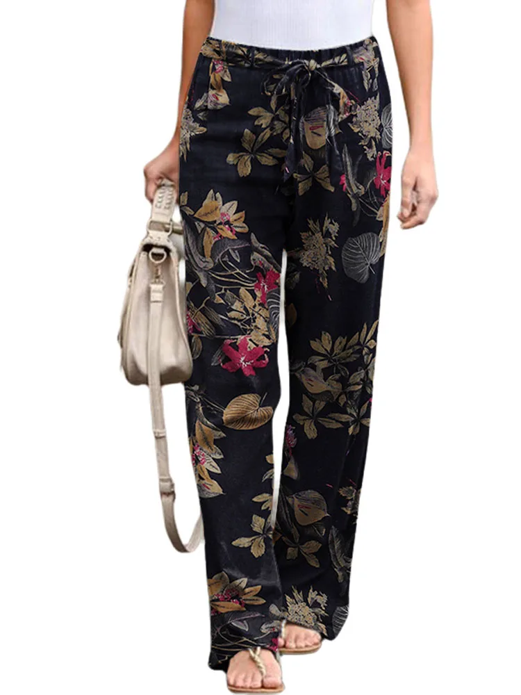 Outono casual calças soltas 2024 zanzea boêmio feminino floral impressão calças vintage cintura elástica longa reta palazzo pantalon