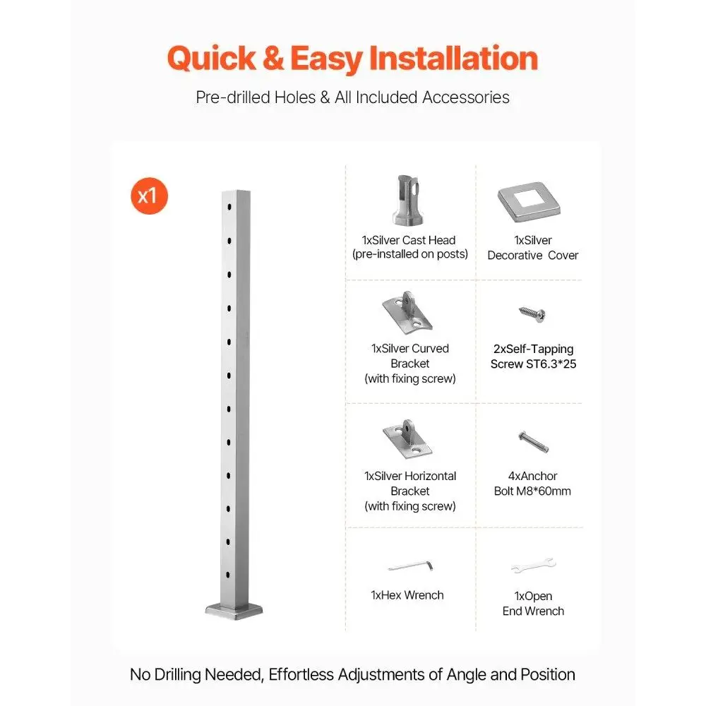 Stainless Steel Stair Railing Post 42 Inch with Pre-Drilled 30 Degree Angled Holes Horizontal and Curved Bracket Silver