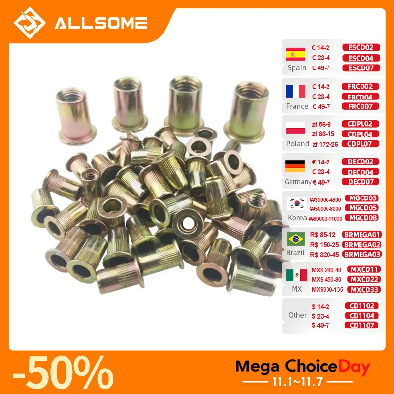 ALLSOME 300 Chiếc M3 M4 M5 M6 M8 M10 Đầu Đinh Tán Hạt Bộ Hạt Lắp Reveting Đa Kích Thước Đinh Tán Các Loại Hạt collocation Có Hộp HT2599