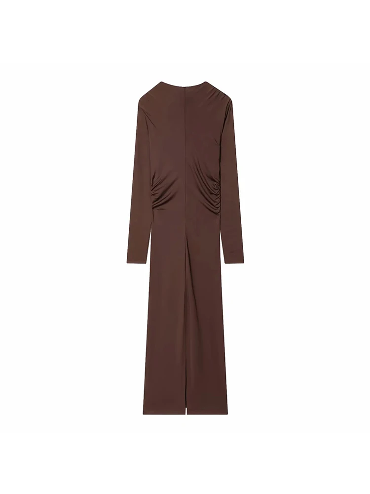 เดรสผู้หญิงใหม่ ฤดูหนาว ทรงหลวม สีพื้น แขนยาว คอวี จับจีบ ความยาวปานกลาง สวยเก๋และสง่างาม