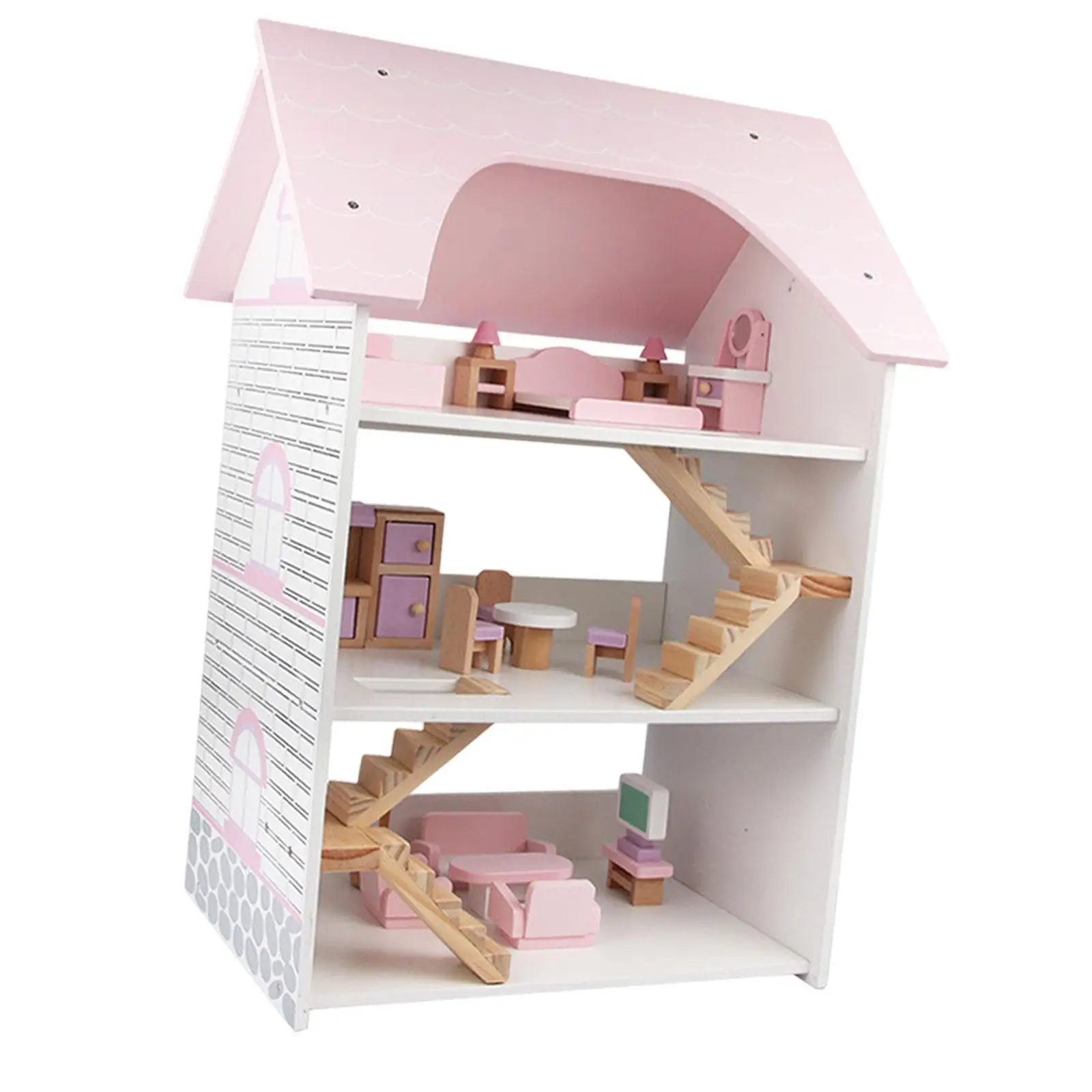 لعبة تعليمية لبيت الدمية الخشبية لتطوير الخيال مع أثاث للأطفال البنات من سن 3 سنوات فما فوق هدية للأطفال