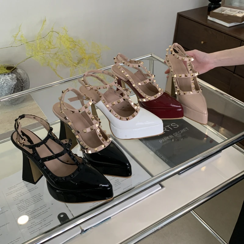 Black Heels Women Pointed Toe Slingback Platform Shoes Summer White Bridal Shoes For Wedding Rivet Ladies Pumps image 5
