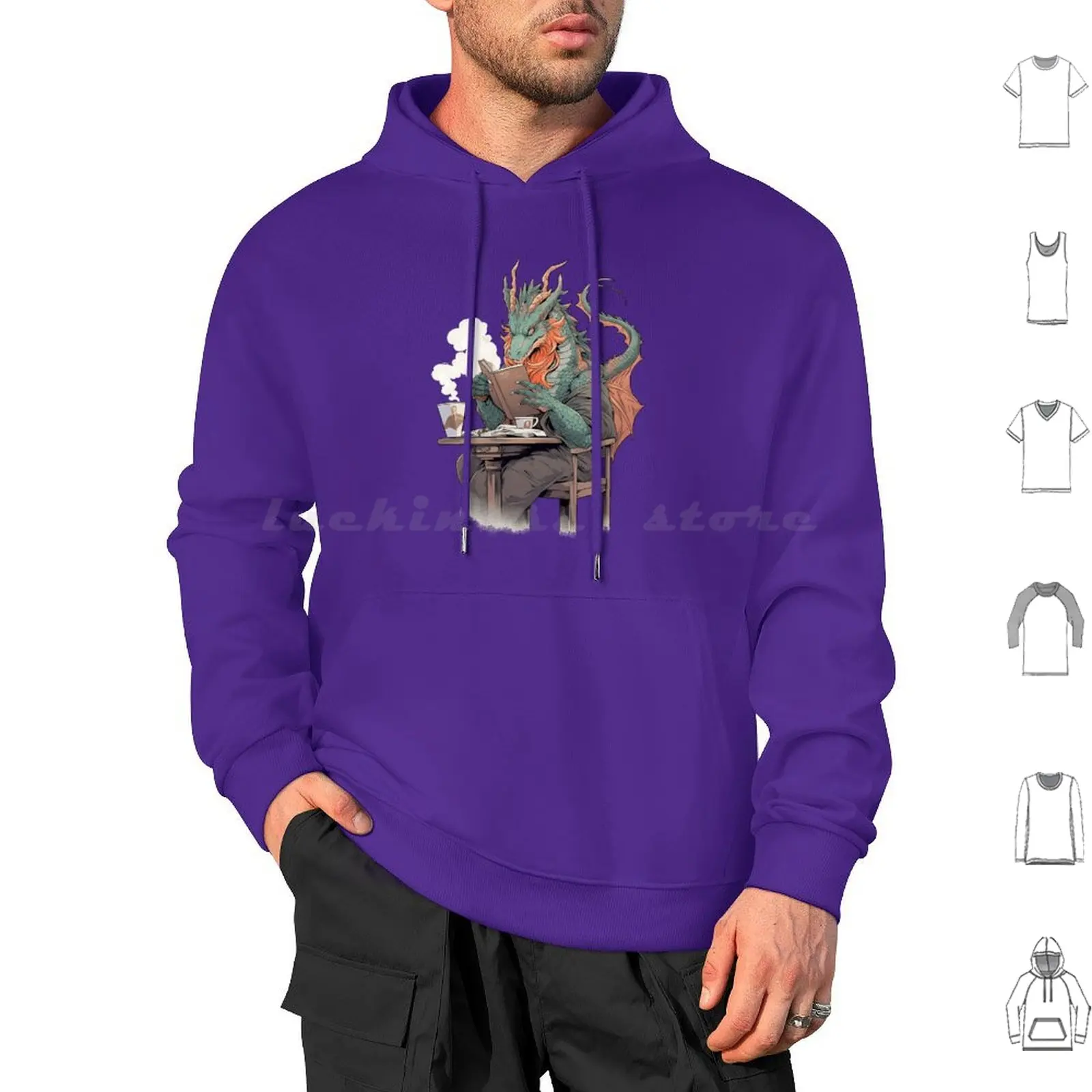 Dragon's Day Off : Coffee And Book Time Hoodie cotton Long Sleeve Legendary Animals Dragon Hobbies Reading Coffee Book