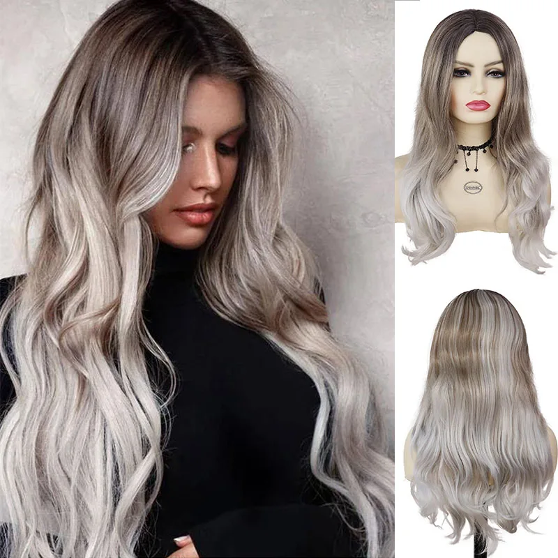 Synthetische lange braune bis graue Perücken, Ombre-Farben-Perücke für Frauen, Cosplay, Halloween, Party, Verwendung, bezauberndes, gewelltes Haar, junge Damen-Perücke