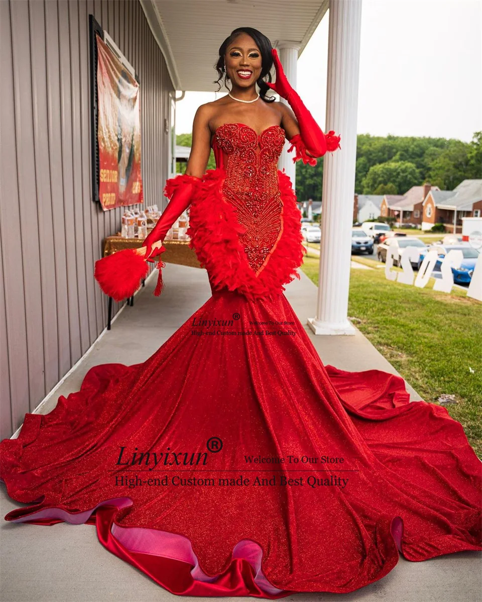 Luxury Mermaid Prom Dresses For Black Girls Crystal Rhinestones Feathers Formal Wedding Party Gowns Customized Evening Dresses