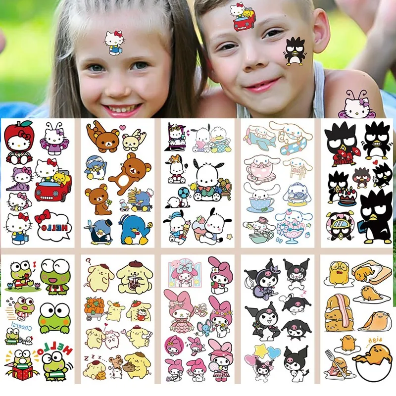 10Pcs/set Sanrio Kuromi Hello Kitty Temporary Tattoo Sticker Cartoon Mymelody Cinnamoroll Fake Tattoo For Kids Birthday Gift Toy