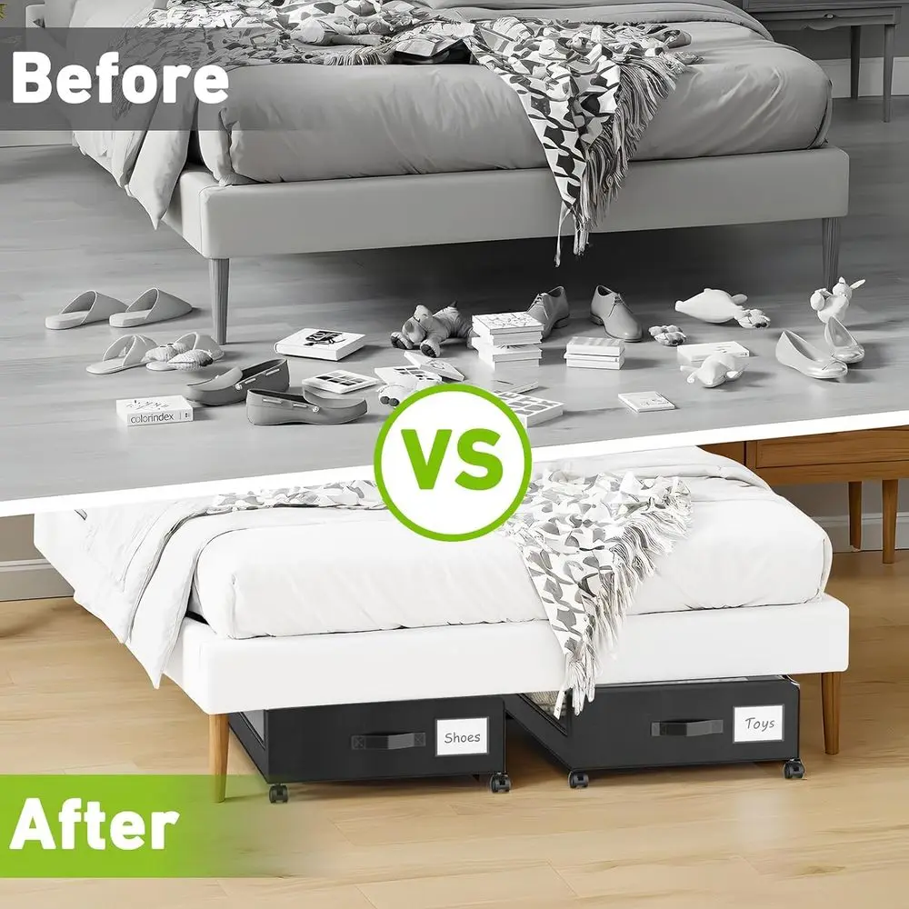 Paquet de 4 boîtes de rangement à roulettes sous le lit avec dessus transparents, organisateur pour chaussures, vêtements et couvertures en noir