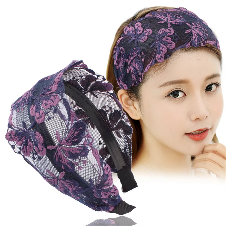 

Elegant lace wide-brimmed headband for women embroidered butterfly ethnic style headband non-slip elastic hair accessories
