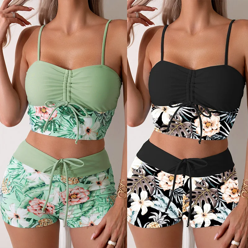 

New Hot Style Printed Drawstring High Waist Shorts Sexy Bikini Swimsuit Women