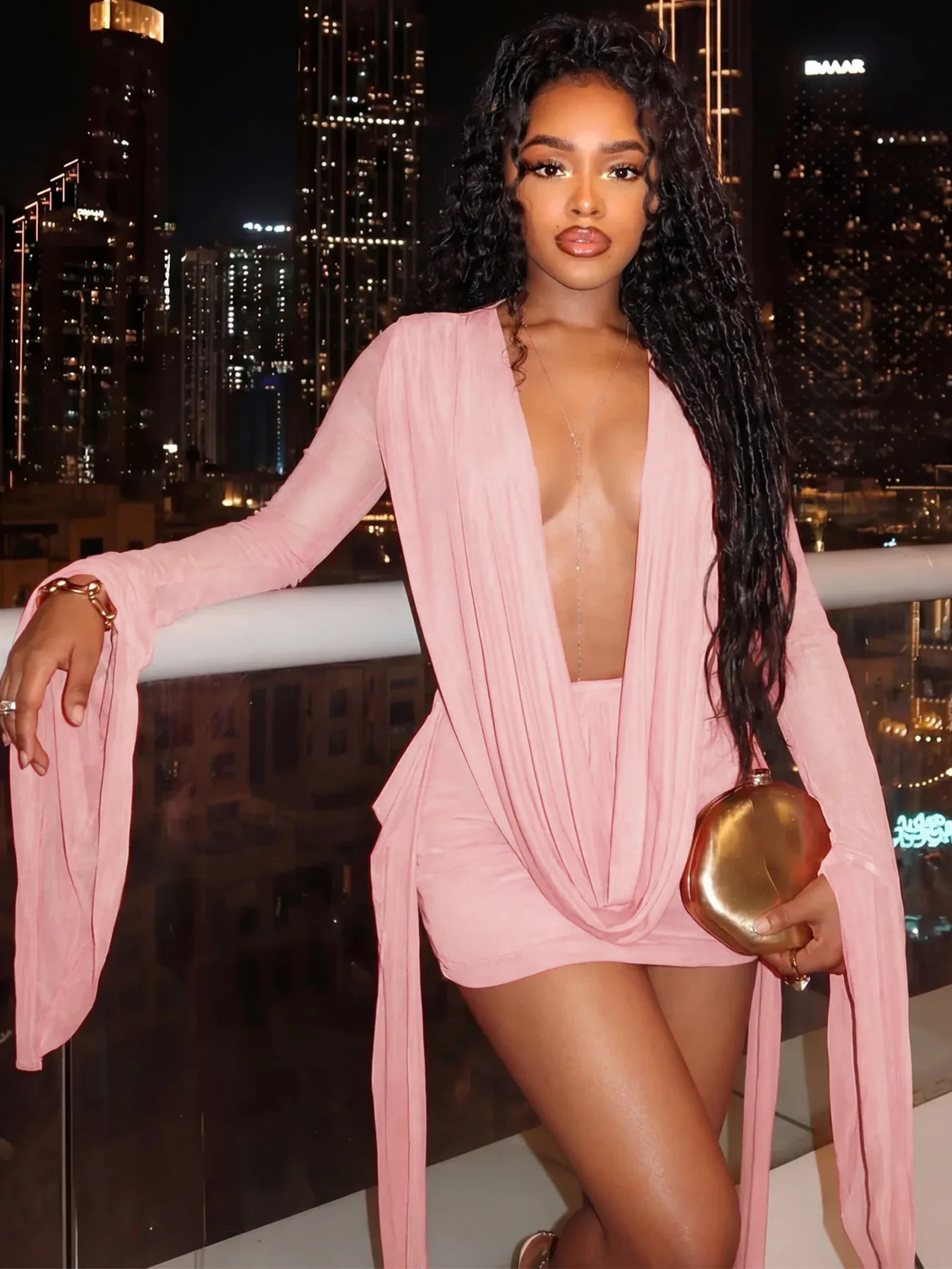 FAGADOER Robes moulantes sexy en maille transparente pour femme, col en V profond, manches évasées, dos nu, streetwear féminin, Vestidos, nouveauté