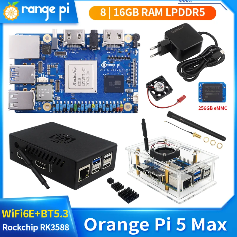 Orange Pi 5 Max 8GB 16GB RAM LPDDR5 RK3588 Chip Single Board Computer M.2 PCIE 2.5G LAN WiFi6E BT5.3 eMMC Case Fan Optional