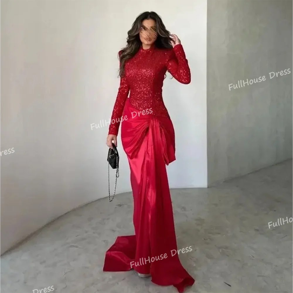 맞춤 제작된 멋진 하이넥 스팽글 섹시한 이브닝 드레스 긴 소매 바닥 길이 주름 파티 드레스 (코트 포함)