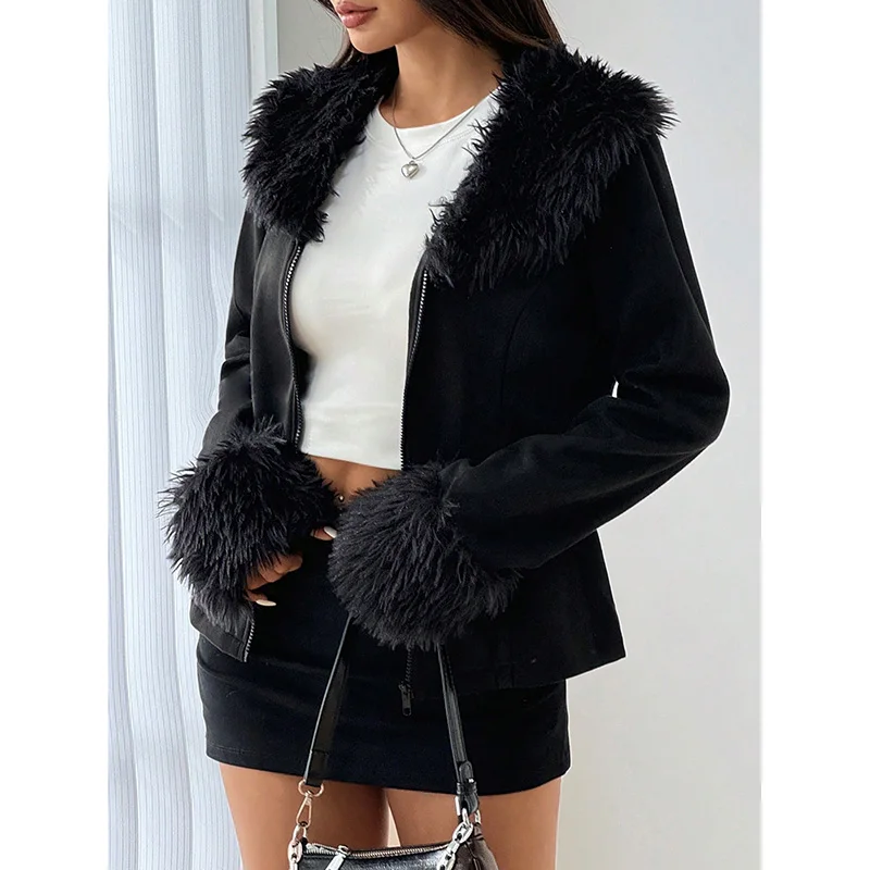 2024 Solid Spliced Fur Chic Coats For Women Large Lapel Long Sleeves Slimming Warm Fashionable Streetwear Cardigan Jackets ﻿