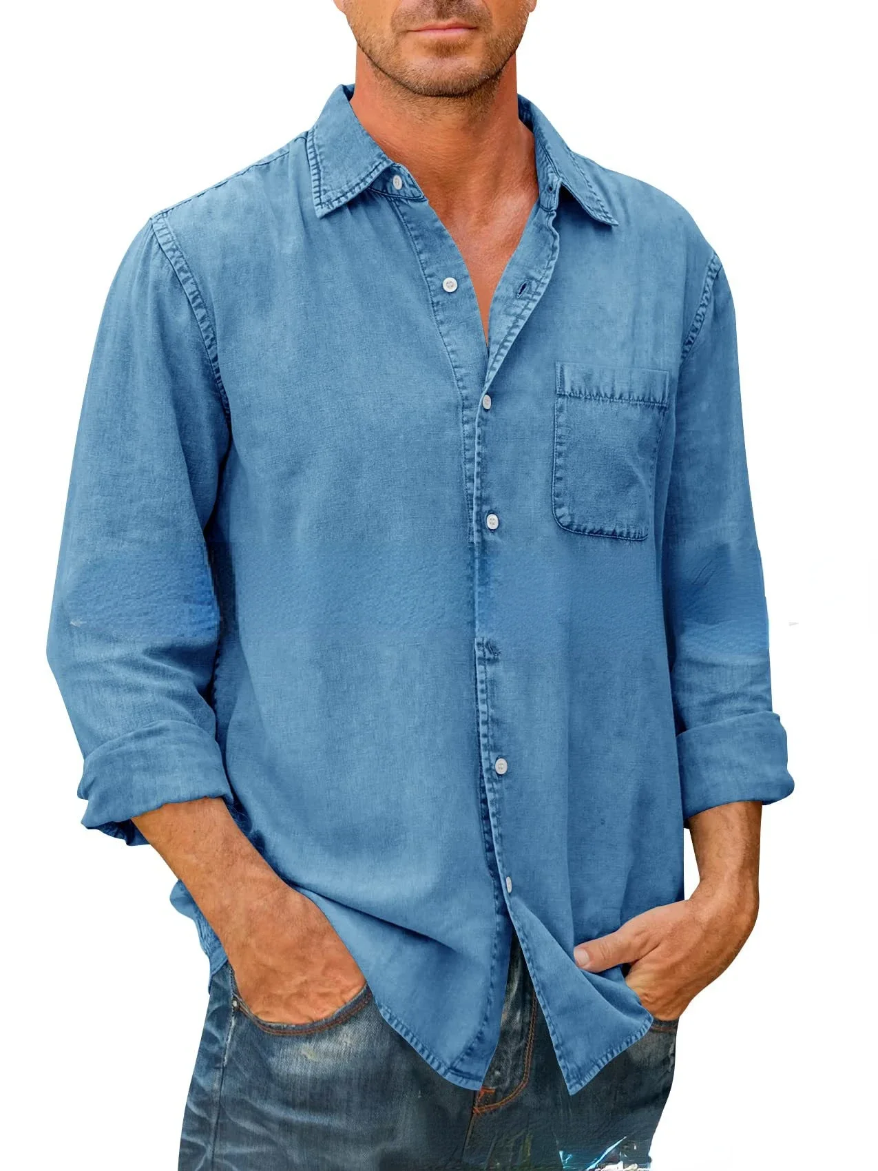 2024 Men\'s Casual Solid Color Long Sleeve Shirt Slim Lapel Shirt Streetwear Mens Shirts Linen Shirts Men T Shirt for Men