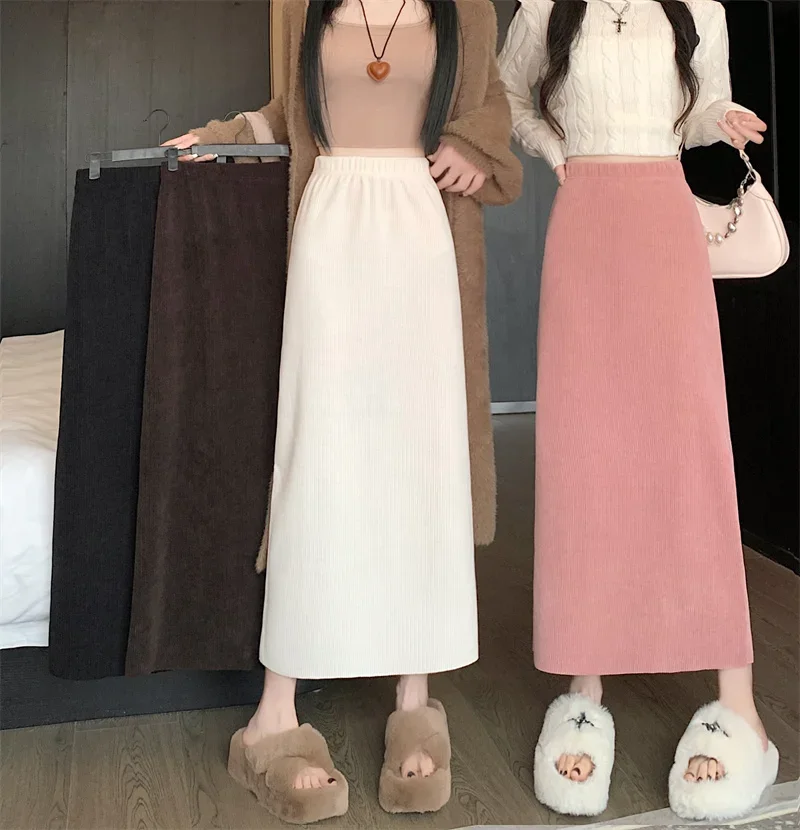 Women Chic Chenille Pencil Skirt Autumn Winter High Waist Slim Split Long Midi Skirt Harajuku Streetwear