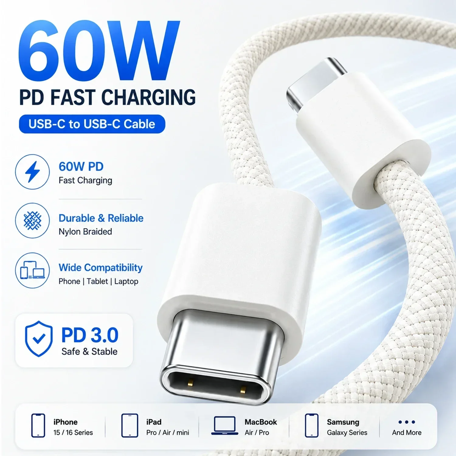 60W USB-C zu USB-C Kabel für Schnelles Laden, Weißes Geflochtenes PD-Ladekabel für iPhone 15 16, iPad, MacBook, Samsung
