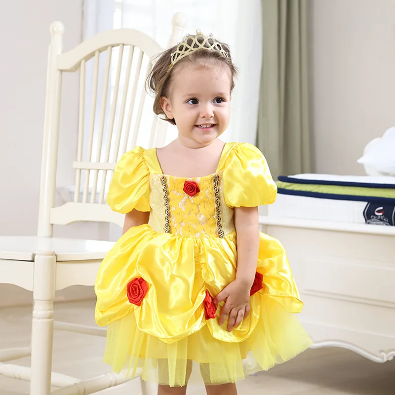 Baby Girl Princess Belle Dress Toddler Birthday Party Puffy Pageant Dress Halloween Costume Toddler Girls Yellow Flowers Romper