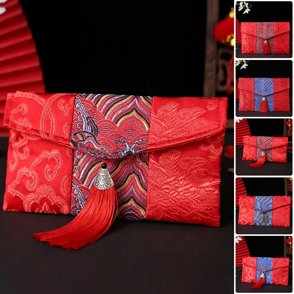 New Silk Chinese New Year Red Envelope Best Wishes Lucky Money Bag Red Packets Spring Festival Wedding Hongbao Gift Bag