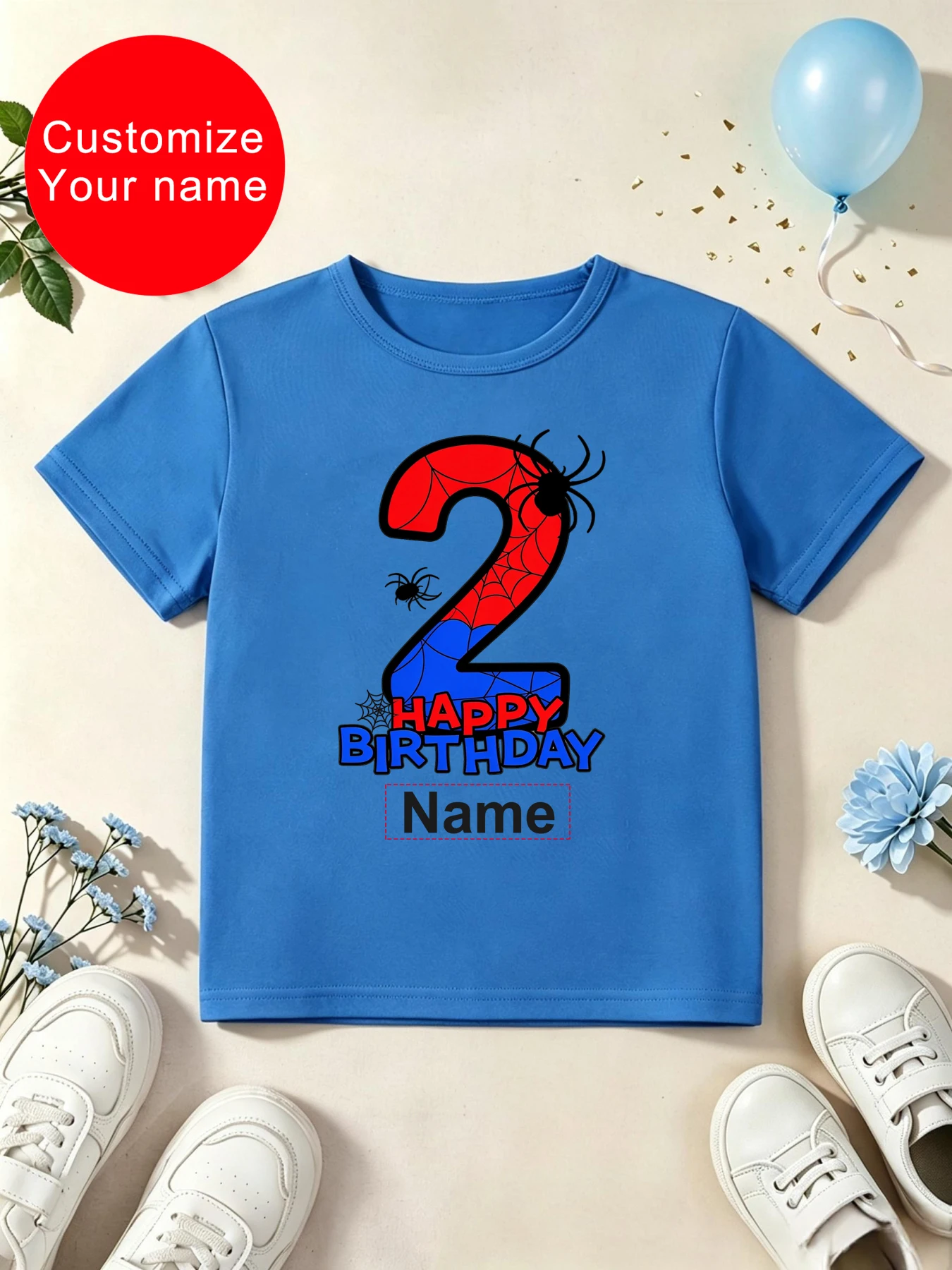 Customize Your Name 2nd Happy Birthday Spider Printed T Shirt Boys Funny Kids Clothes Summer Short Sleeve T-Shirt
