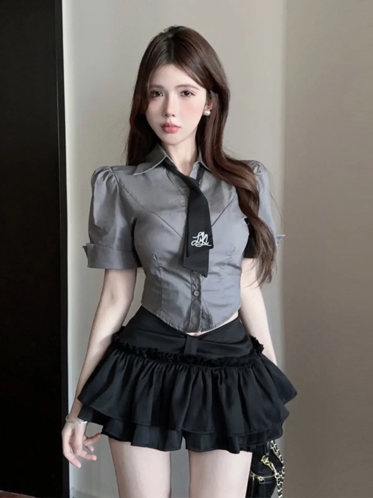 ort Sve Tie irt Top with Fluffy f Skirt Home College Sle Age-Defng 2025 JK orm Two-Piece Set Cotton  Co...fdfe