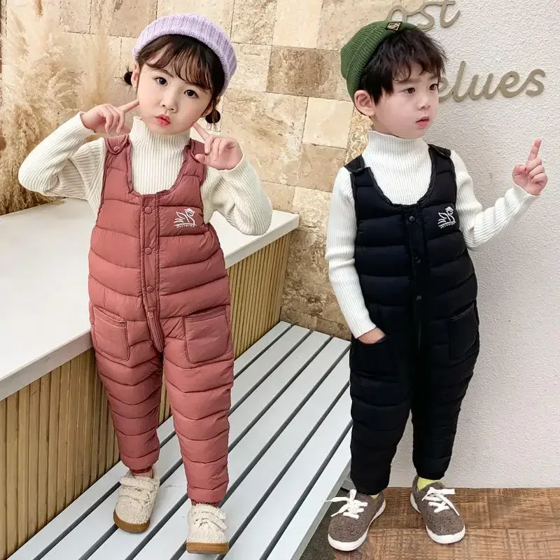 

Kids Overalls for Boys Winter Girl Down Pants Jumpsuit Grey Blue Baby Rompers Sleeveless Children's Overalls Solid Down Onesie