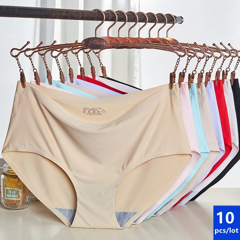 10Pcs Women\'s Underwear Ice Silk Seamless Mid waist Panties For Women Sexy Lingerie Female Briefs Lady Knickers Underpants