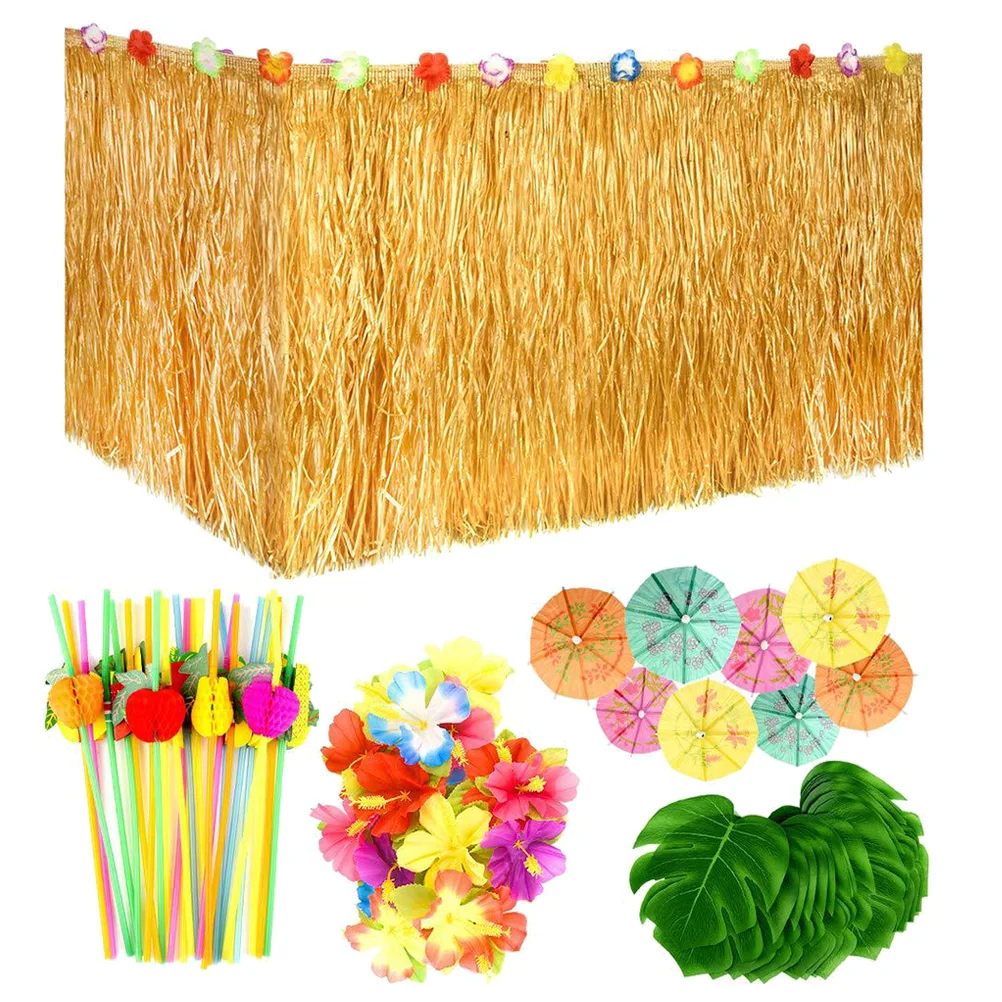 

Hawaiian Table Skirt Set Monstera Hibiscus Grass Luau Party Flowers Decoration Reusable Summer Atmosphere Kitchen Bar Supplies