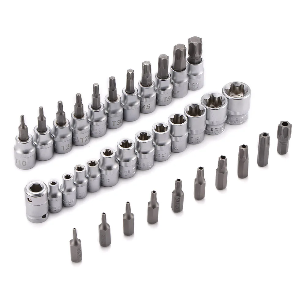 1Set Nieuwe 34 Stuk Torx Star Socket Inbussleutel Set Drive Bit Socket Blauw Sabotage Proof Handgereedschap Auto reparatie Tool Dropshipping