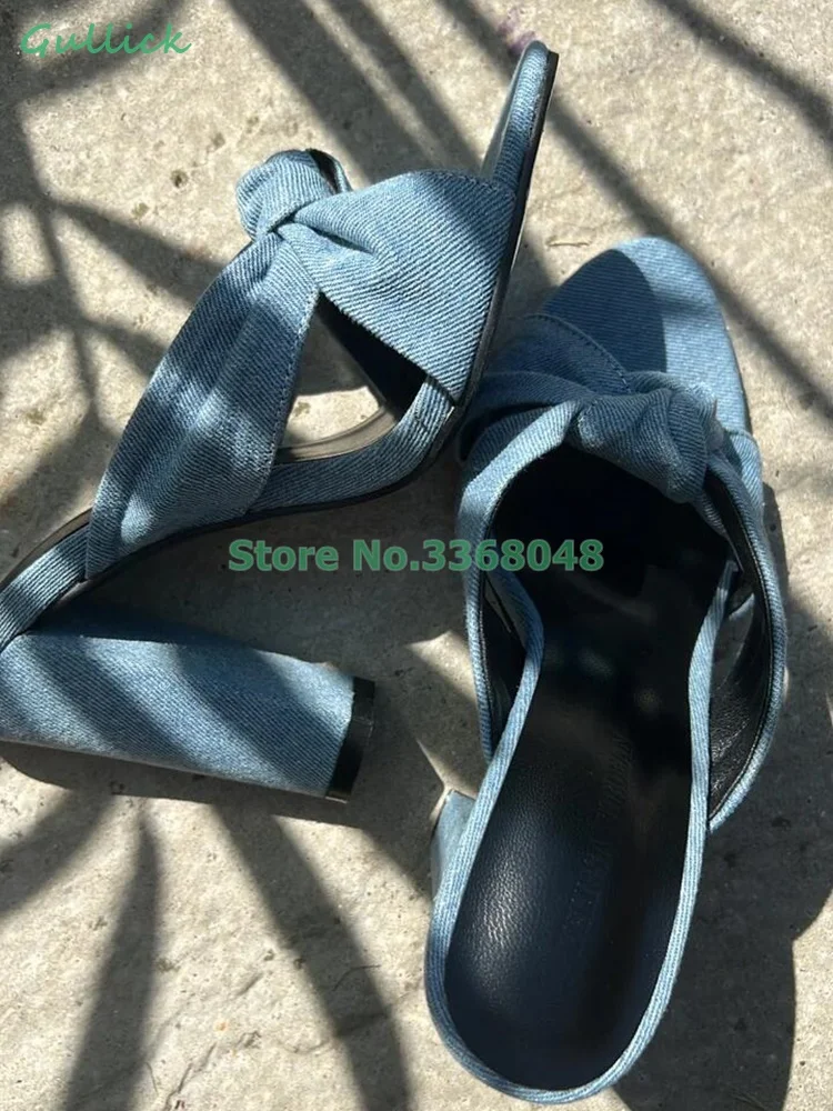 Gold Cross Strap Slippers Block Heel Open Toe Slip On Fashion Denim Blue Real Picture Fashion 2024 Dress Women Shoes Chunky Heel