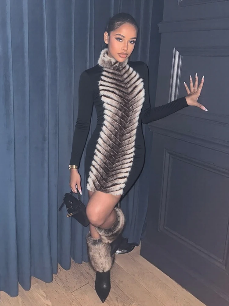 Vestido elegante de tendencia con diseño de gato extraño para mujer, vestido ajustado de piel con cuello alto y manga larga, elástico, de lujo, para fiesta de cumpleaños, graduación y Club