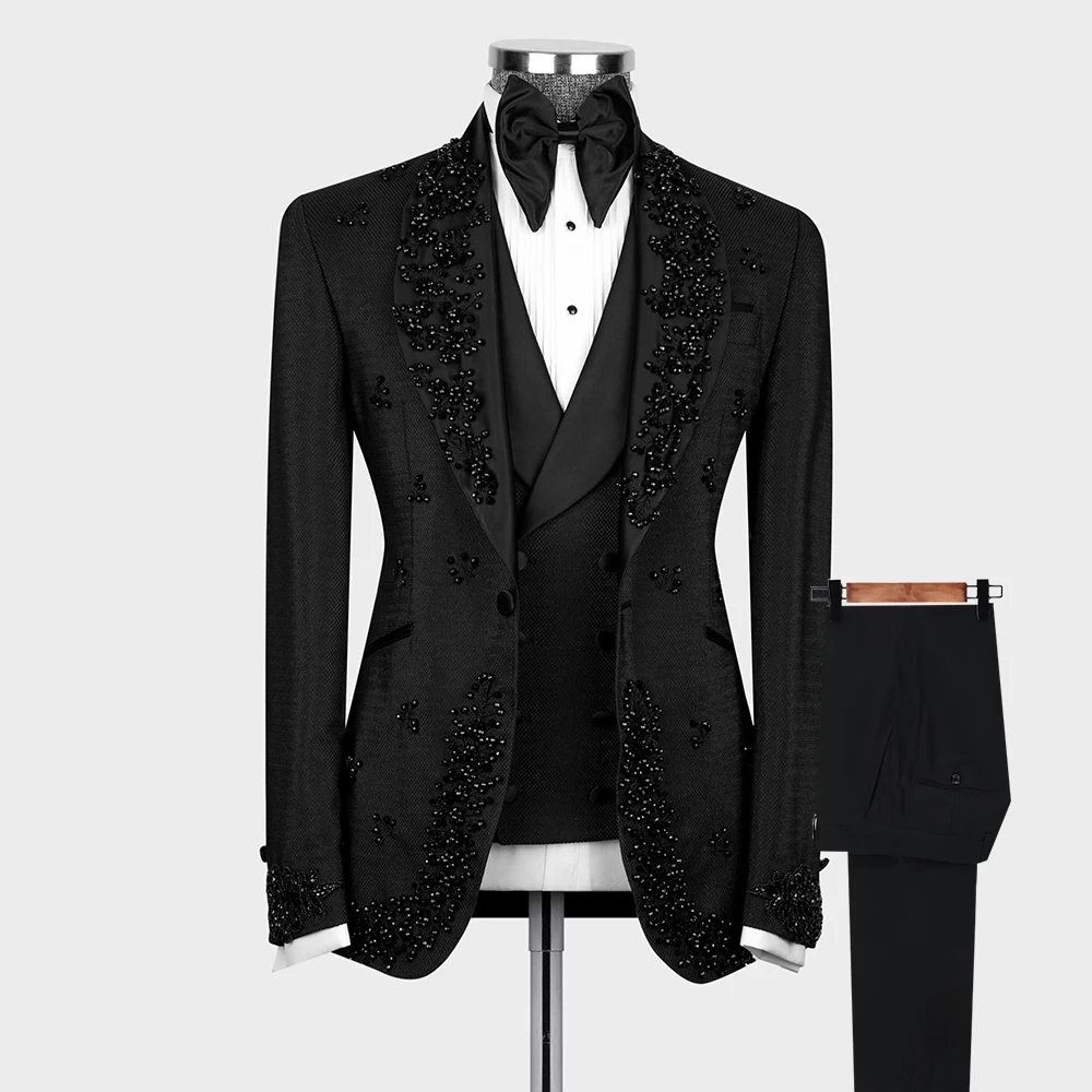 

Luxury Groom Wedding Tuxedo Tailored Pearls Beaded Jacket Vest Pants 3 Pieces Formal Business Banquet Party Suits Men Tailored