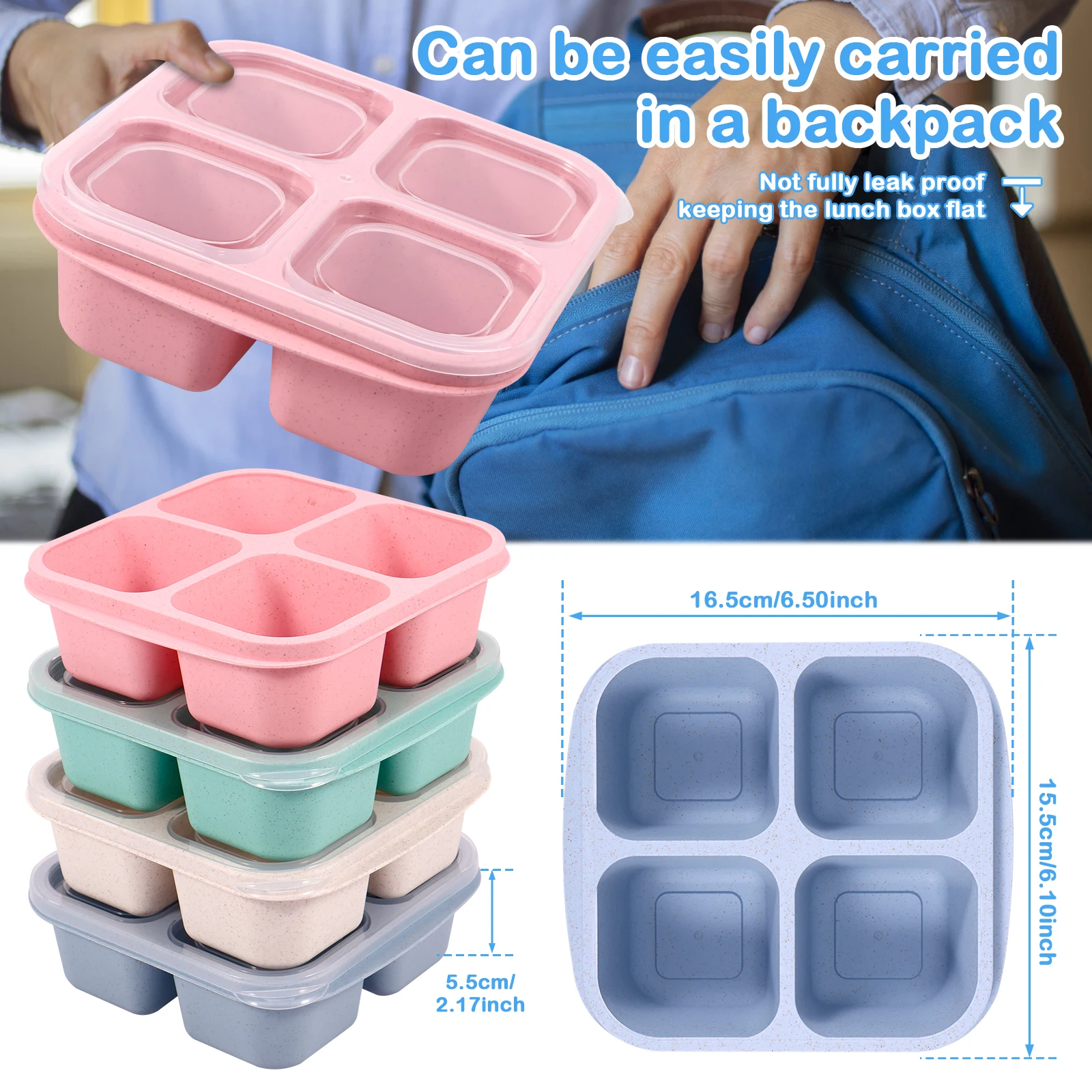 4 Pack Kids Snack Containers Including Lid 4 Compartment Bento Snack Box Stackable Snack Container 4 Colors Bento Food Box