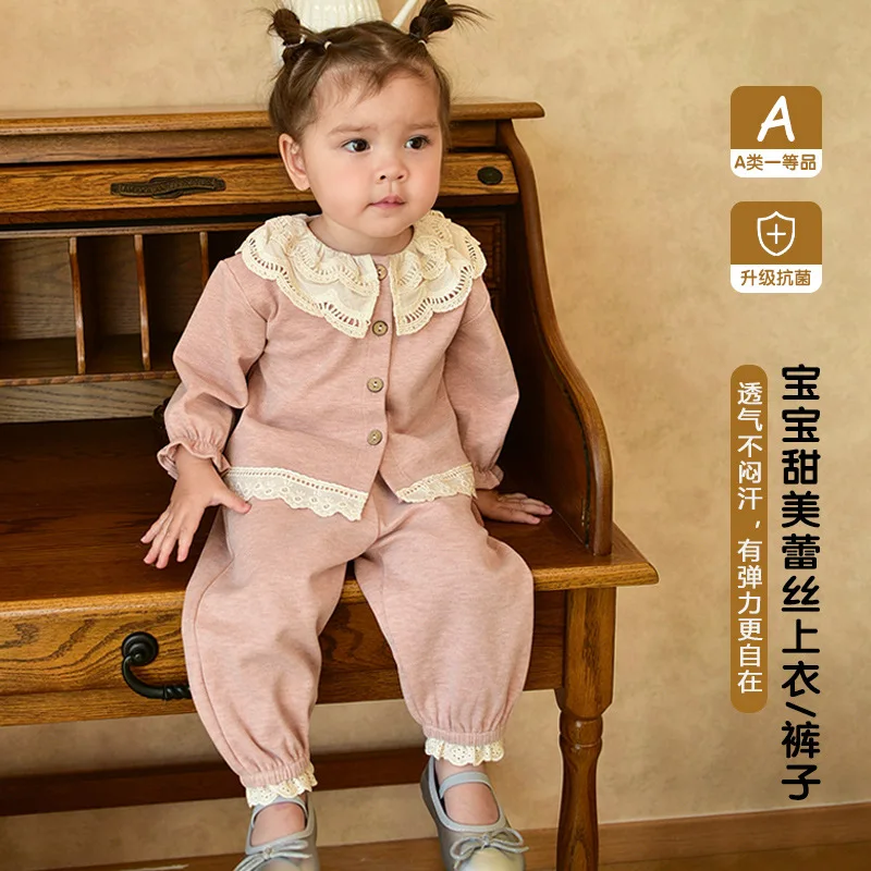 

Sweet Stylish Girls Autumn Outfit 2025 New Long Sleeve Lace Open Cardigan Two-Piece Set for Baby Girls Fashionable Top