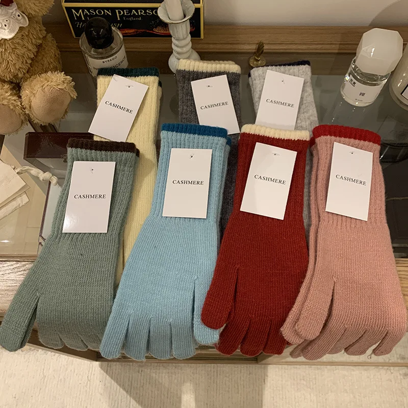 New Solid Color Wool Knitting Gloves Autumn and Winter Korean Style All-Matching Cycling Warm-Keeping and Cold-Proof Touch Scree